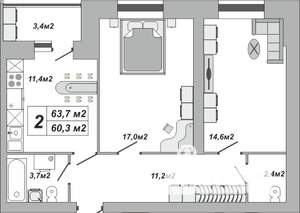 2-к квартира, вторичка, 64м2, 4/16 этаж