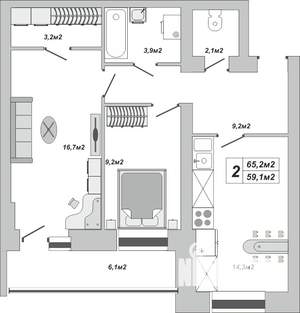 2-к квартира, вторичка, 65м2, 3/16 этаж