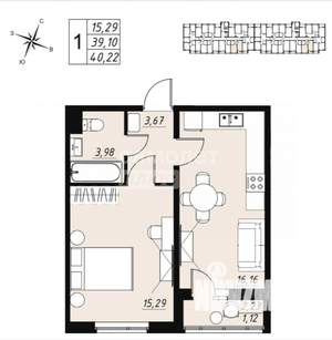 1-к квартира, вторичка, 40м2, 8/9 этаж