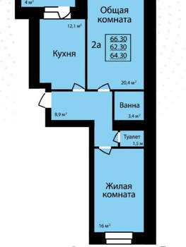 2-к квартира, сданный дом, 66м2, 2/9 этаж