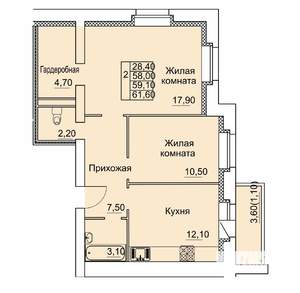 2-к квартира, вторичка, 59м2, 2/6 этаж