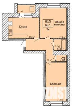 2-к квартира, строящийся дом, 66м2, 5/9 этаж