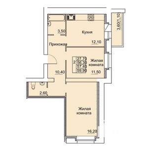 2-к квартира, вторичка, 60м2, 1/6 этаж