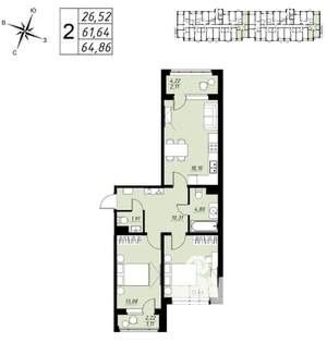 2-к квартира, вторичка, 65м2, 2/9 этаж