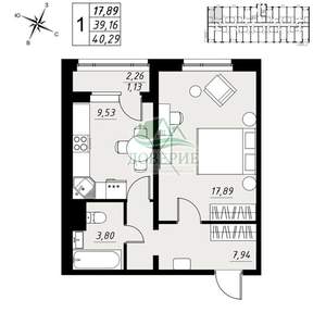1-к квартира, вторичка, 40м2, 2/9 этаж