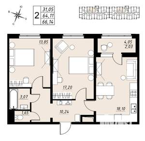2-к квартира, вторичка, 66м2, 3/9 этаж