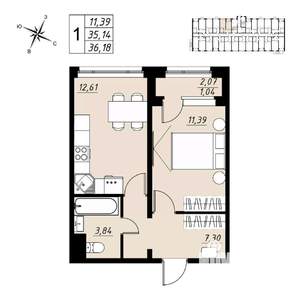 1-к квартира, вторичка, 36м2, 1/9 этаж