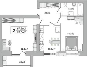 2-к квартира, вторичка, 68м2, 16/16 этаж