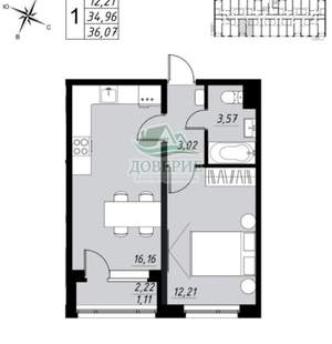 1-к квартира, вторичка, 36м2, 1/9 этаж