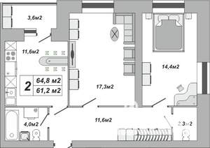 2-к квартира, вторичка, 65м2, 14/16 этаж