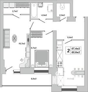 2-к квартира, вторичка, 67м2, 15/16 этаж