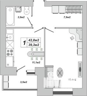 1-к квартира, вторичка, 43м2, 13/16 этаж