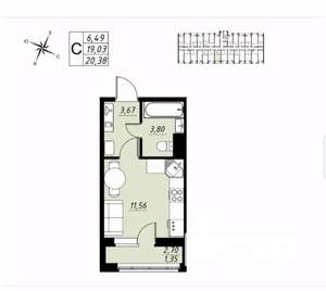 1-к квартира, вторичка, 20м2, 6/9 этаж
