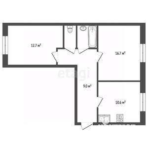2-к квартира, вторичка, 53м2, 1/9 этаж