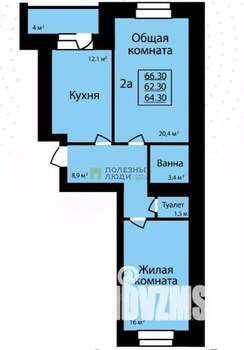 2-к квартира, сданный дом, 66м2, 2/9 этаж