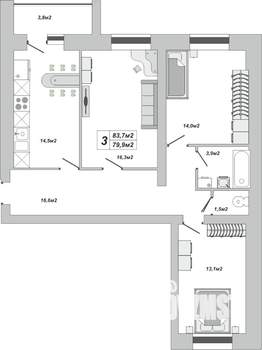 3-к квартира, вторичка, 84м2, 5/16 этаж