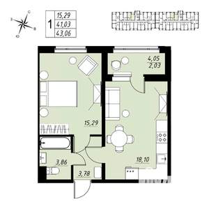 1-к квартира, вторичка, 43м2, 5/9 этаж