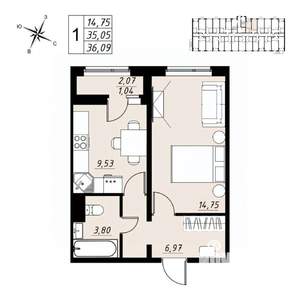 1-к квартира, вторичка, 36м2, 9/9 этаж